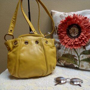 B. Makowsky Pebbled Mustard Yellow Leather Bucket Style Shoulder / Crossbody Bag
